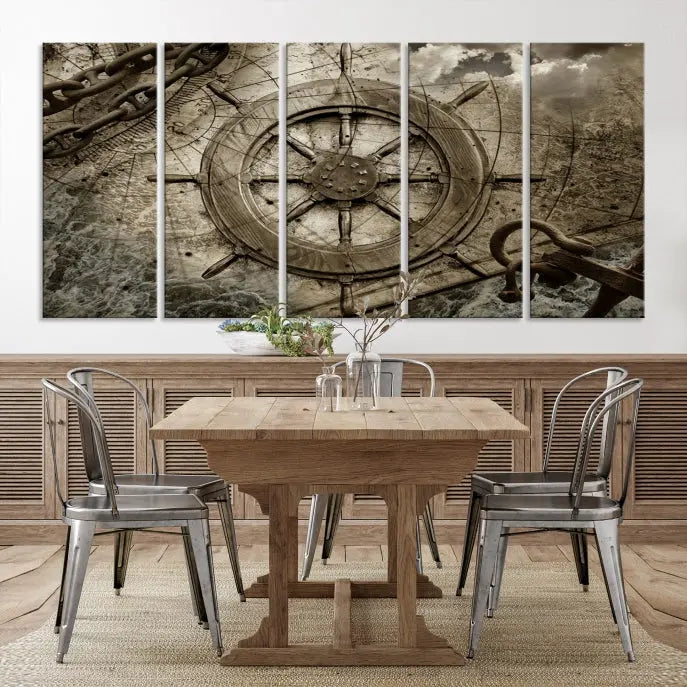 Enhance any space with sophistication by displaying the Wooden Ship Wheel Multi Panel Canvas Wall Art Print. Crafted on museum-quality canvas by professional craftsmen, this artwork features a ship's wheel and nautical map. Enjoy free shipping with your purchase.