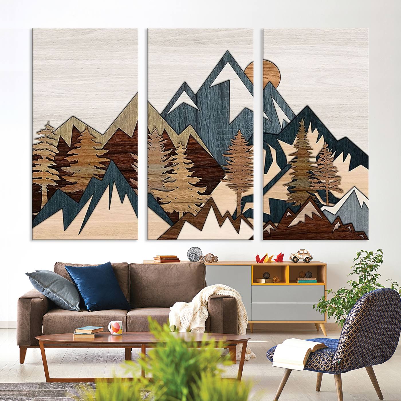Woodland Mountain Landscape Triptych, Giclee Canvas Art for Modern Home, Rustic Wooden Nature Wall Art Canvas, Large Mountain and Tree