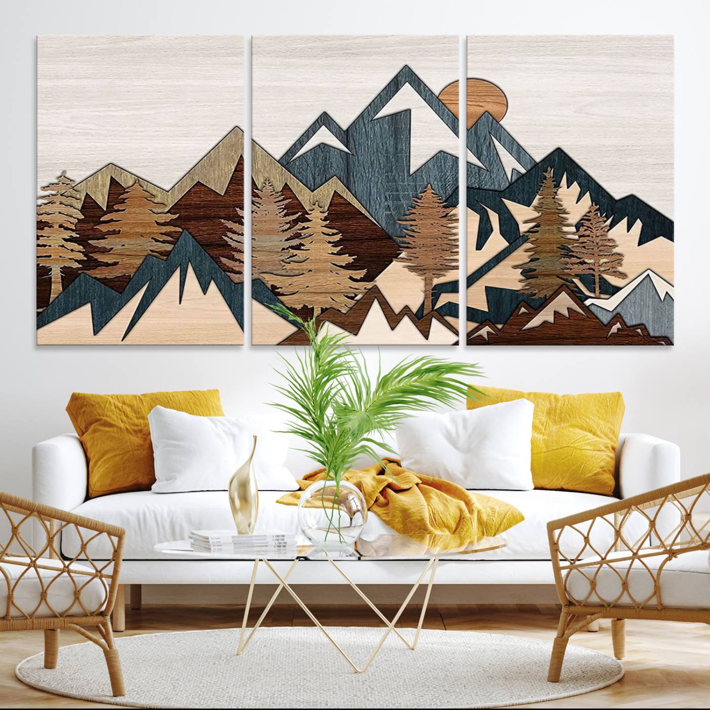 Woodland Mountain Landscape Triptych, Giclee Canvas Art for Modern Home, Rustic Wooden Nature Wall Art Canvas, Large Mountain and Tree