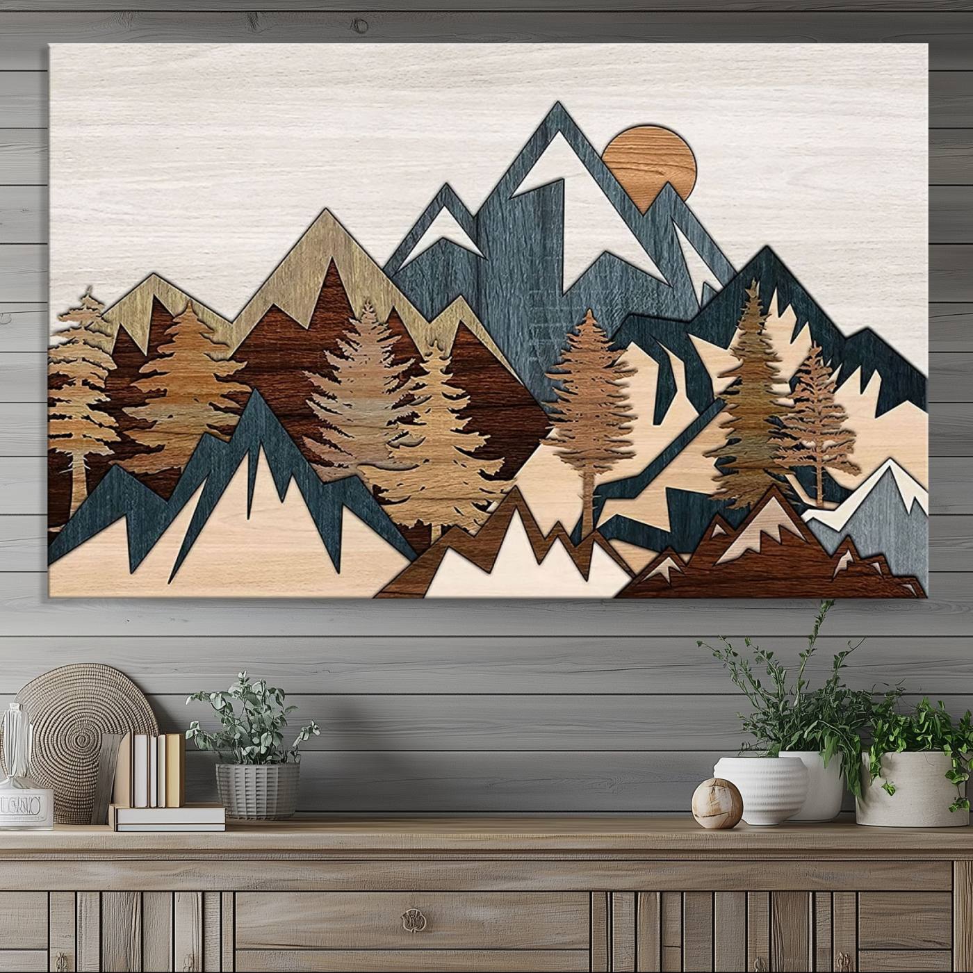 Woodland Mountain Landscape Triptych, Giclee Canvas Art for Modern Home, Rustic Wooden Nature Wall Art Canvas, Large Mountain and Tree