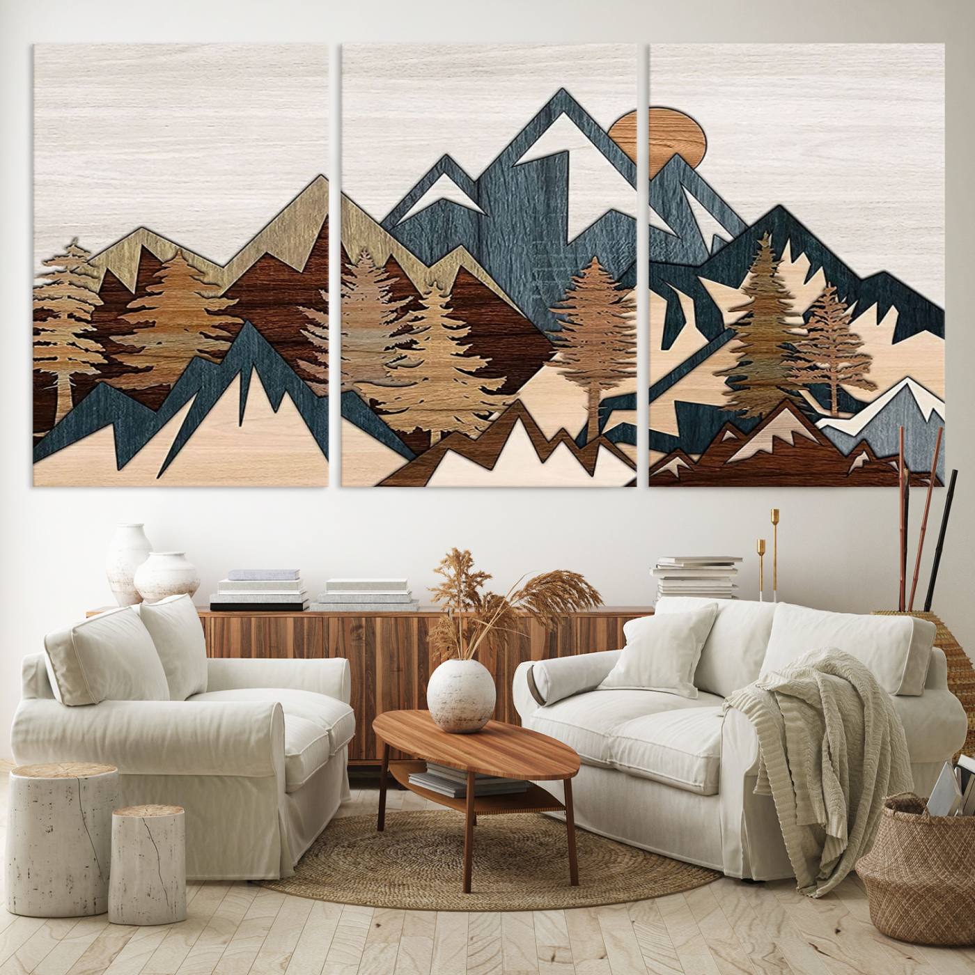 Woodland Mountain Landscape Triptych, Giclee Canvas Art for Modern Home, Rustic Wooden Nature Wall Art Canvas, Large Mountain and Tree