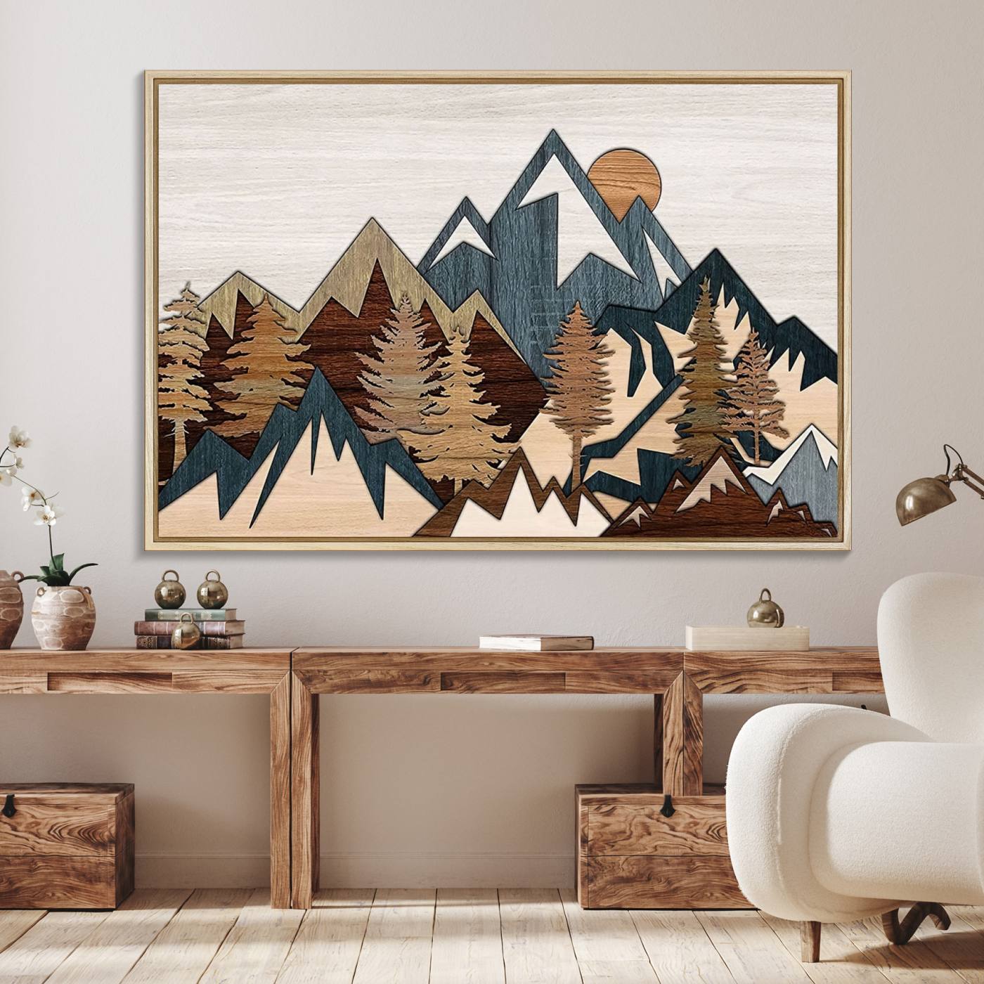 Woodland Mountain Landscape Triptych, Giclee Canvas Art for Modern Home, Rustic Wooden Nature Wall Art Canvas, Large Mountain and Tree