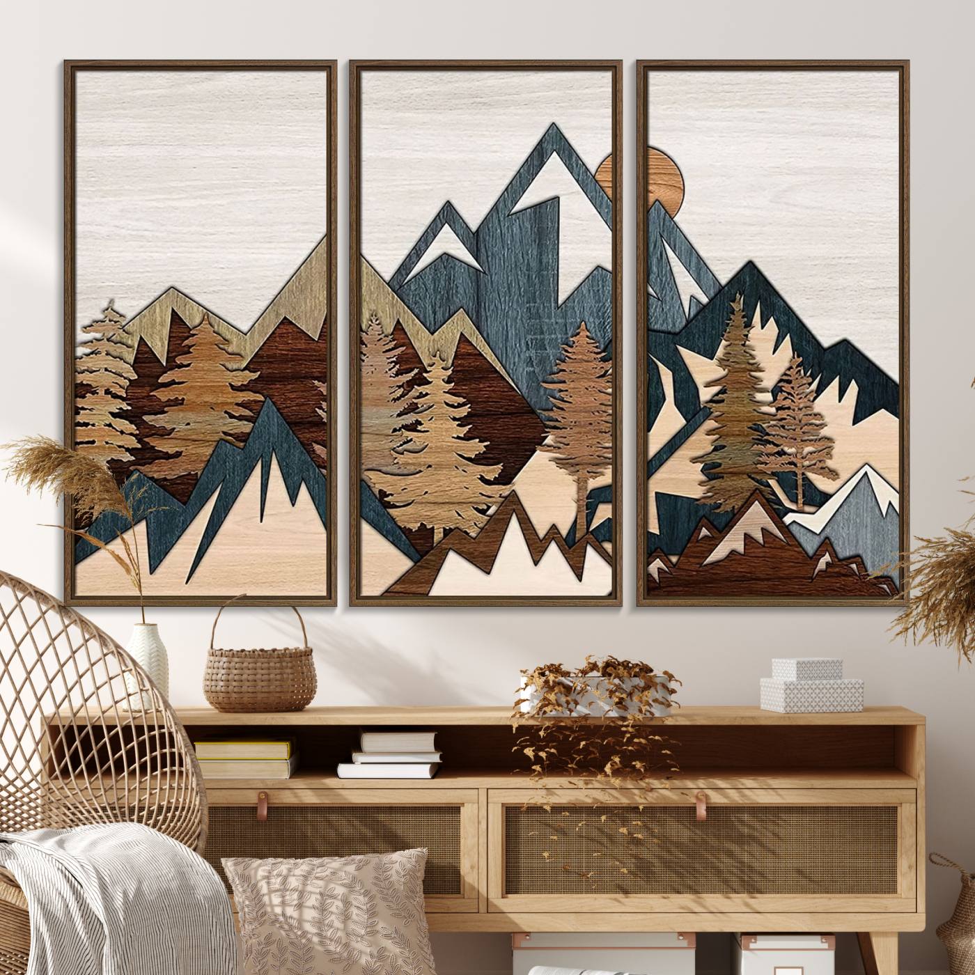 67950-MGV-FC-48X32-3P_Walnut-Woodland Mountain Landscape Triptych, Giclee Canvas Art for Modern Home, Rustic Wooden Nature Wall Art Canvas, Large Mountain and Tree