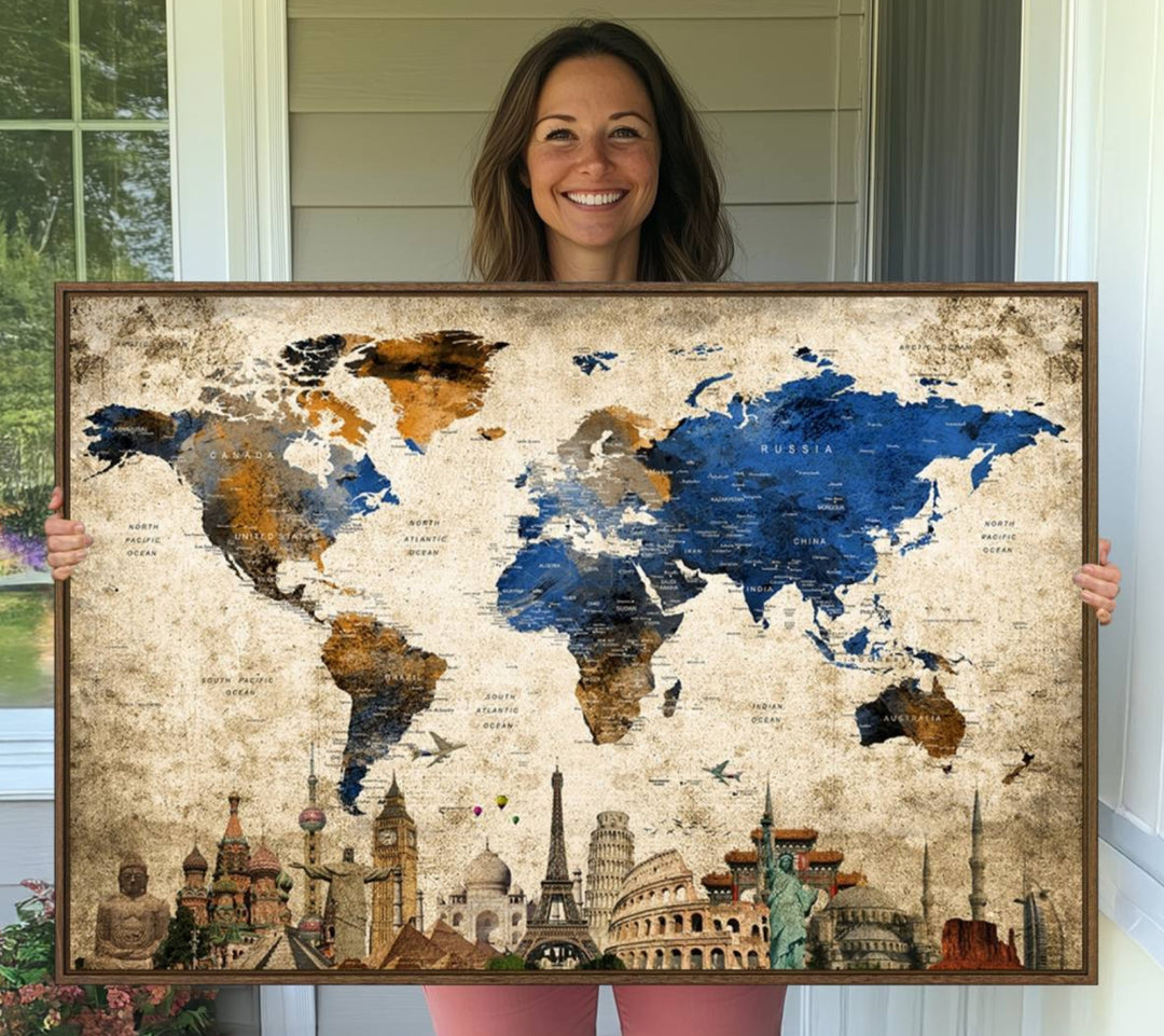 World Landmarks and Map Canvas Wall Art – Blue and Vintage Brown Triptych Map Print – Global Decor for Living Room or Office