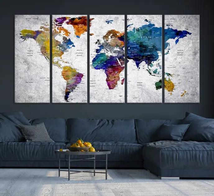 A World Map Art Canvas Print adorns the wall. This gallery-wrapped piece features a UV-protective coating for lasting vibrance.