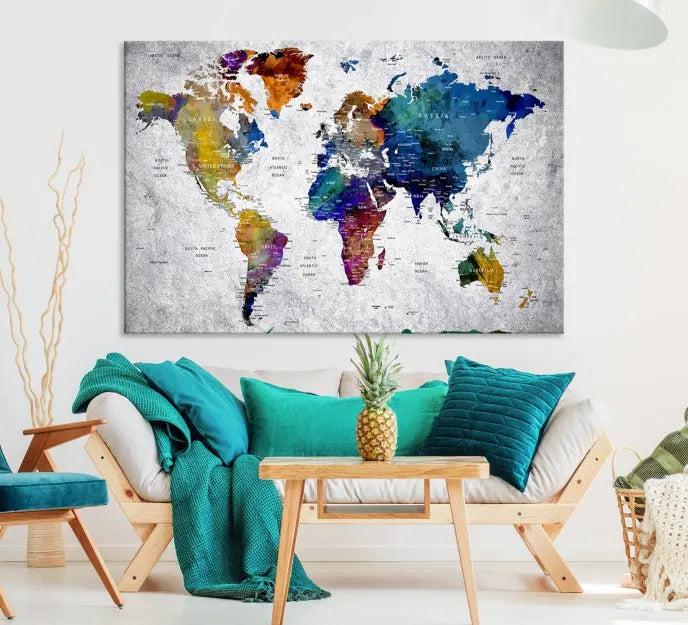 A World Map Art Canvas Print adorns the wall. This gallery-wrapped piece features a UV-protective coating for lasting vibrance.