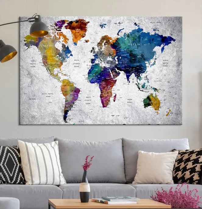 A World Map Art Canvas Print adorns the wall. This gallery-wrapped piece features a UV-protective coating for lasting vibrance.