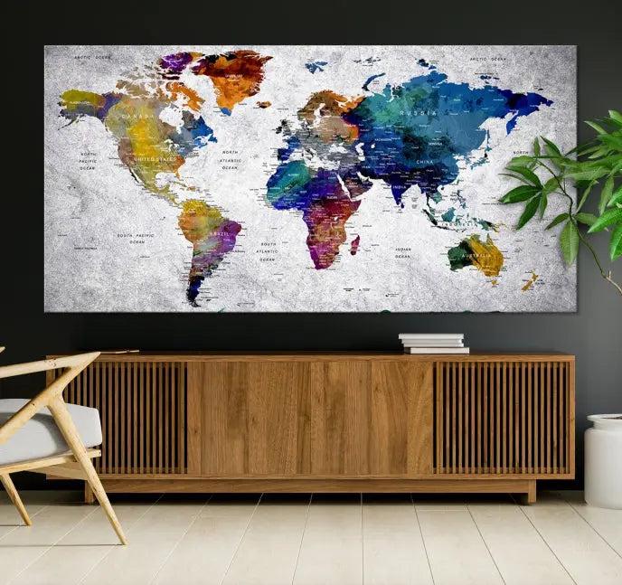 A World Map Art Canvas Print adorns the wall. This gallery-wrapped piece features a UV-protective coating for lasting vibrance.