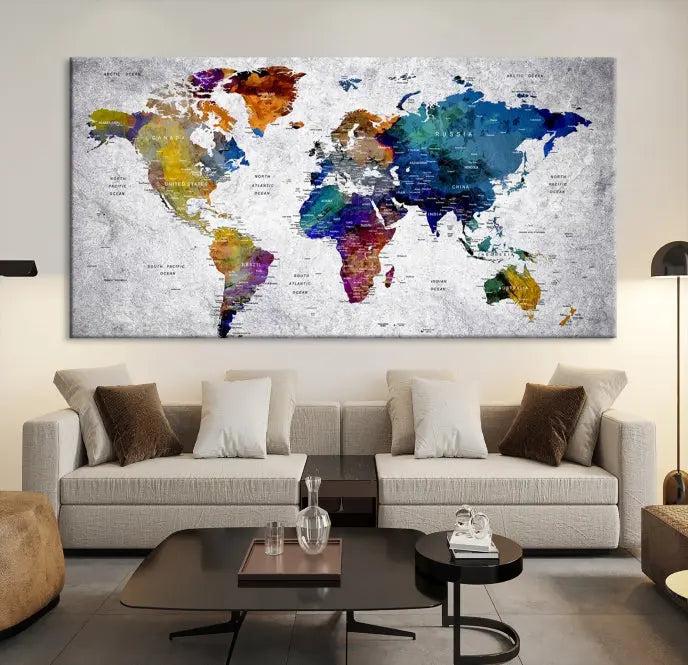 A World Map Art Canvas Print adorns the wall. This gallery-wrapped piece features a UV-protective coating for lasting vibrance.