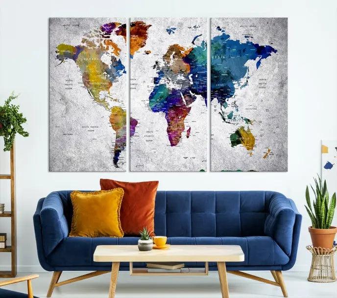 A World Map Art Canvas Print adorns the wall. This gallery-wrapped piece features a UV-protective coating for lasting vibrance.