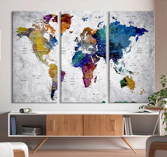 A World Map Art Canvas Print adorns the wall. This gallery-wrapped piece features a UV-protective coating for lasting vibrance.