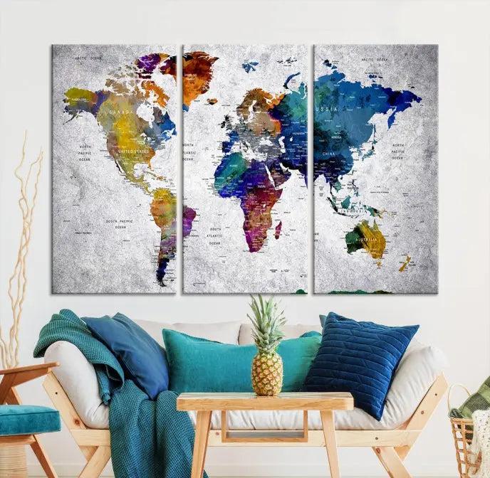 A World Map Art Canvas Print adorns the wall. This gallery-wrapped piece features a UV-protective coating for lasting vibrance.