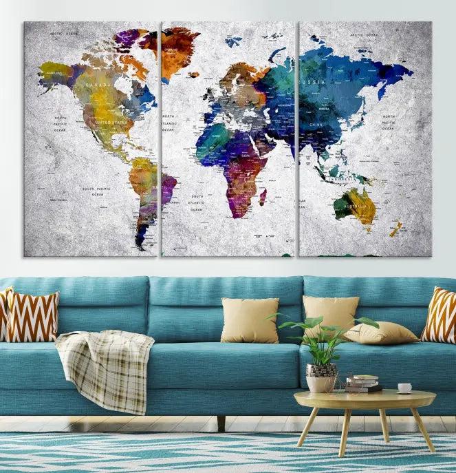 A World Map Art Canvas Print adorns the wall. This gallery-wrapped piece features a UV-protective coating for lasting vibrance.