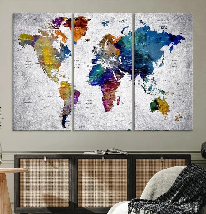 A World Map Art Canvas Print adorns the wall. This gallery-wrapped piece features a UV-protective coating for lasting vibrance.