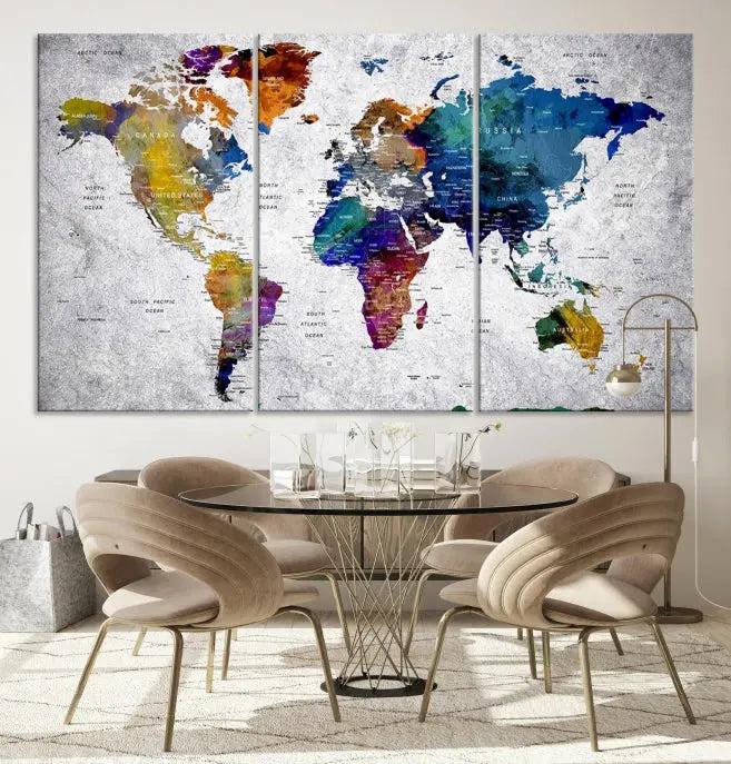 A World Map Art Canvas Print adorns the wall. This gallery-wrapped piece features a UV-protective coating for lasting vibrance.