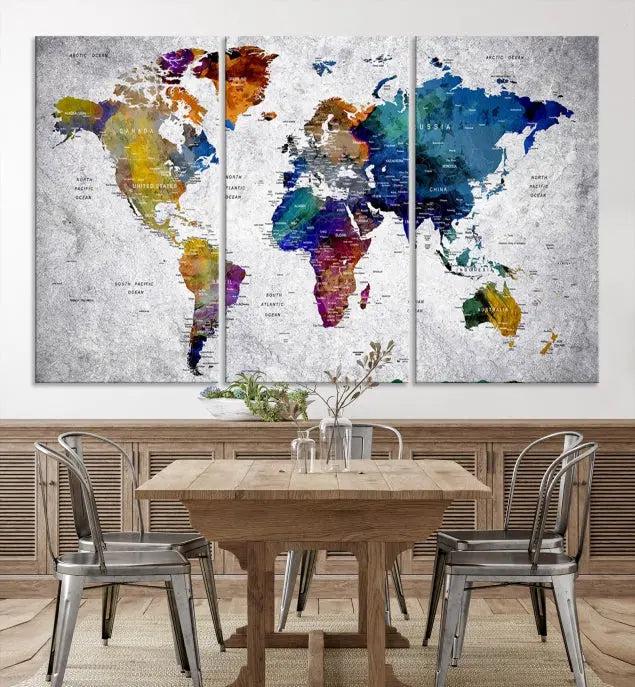 A World Map Art Canvas Print adorns the wall. This gallery-wrapped piece features a UV-protective coating for lasting vibrance.