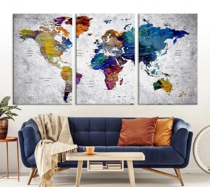 A World Map Art Canvas Print adorns the wall. This gallery-wrapped piece features a UV-protective coating for lasting vibrance.