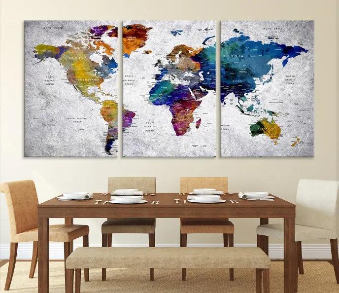 A World Map Art Canvas Print adorns the wall. This gallery-wrapped piece features a UV-protective coating for lasting vibrance.