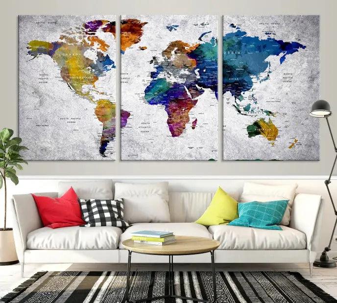 A World Map Art Canvas Print adorns the wall. This gallery-wrapped piece features a UV-protective coating for lasting vibrance.