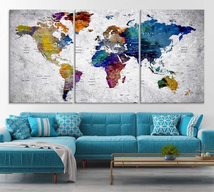 A World Map Art Canvas Print adorns the wall. This gallery-wrapped piece features a UV-protective coating for lasting vibrance.