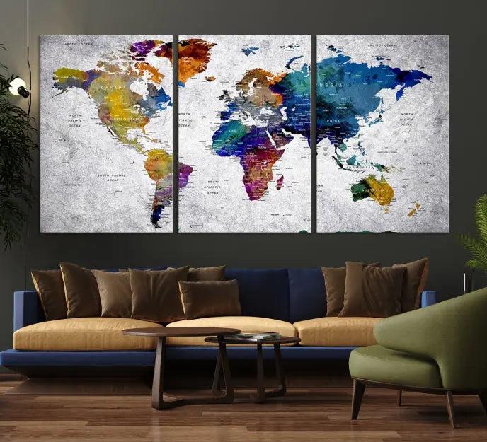 A World Map Art Canvas Print adorns the wall. This gallery-wrapped piece features a UV-protective coating for lasting vibrance.