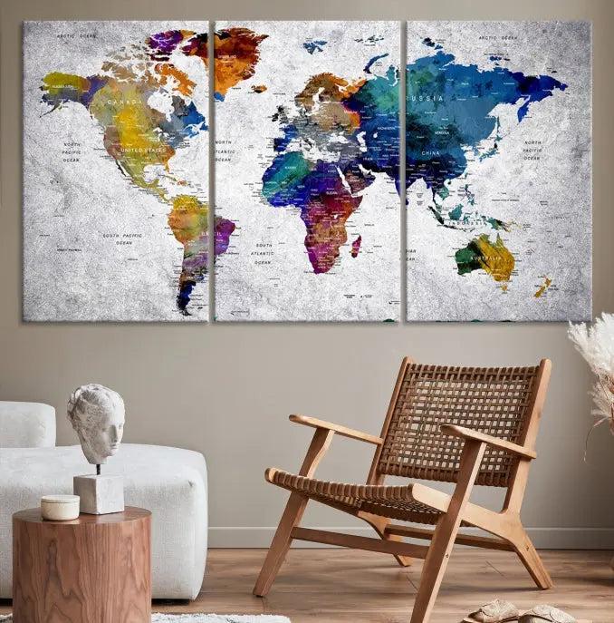 A World Map Art Canvas Print adorns the wall. This gallery-wrapped piece features a UV-protective coating for lasting vibrance.