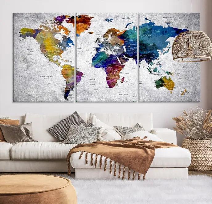 A World Map Art Canvas Print adorns the wall. This gallery-wrapped piece features a UV-protective coating for lasting vibrance.