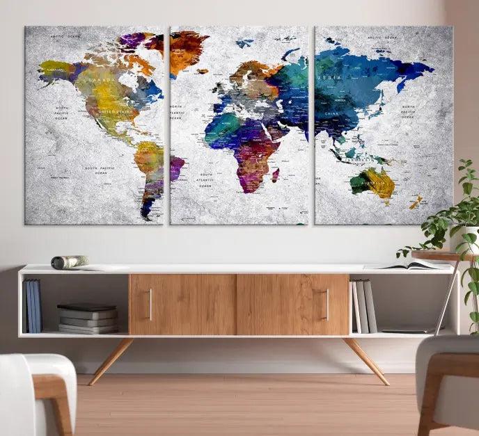 A World Map Art Canvas Print adorns the wall. This gallery-wrapped piece features a UV-protective coating for lasting vibrance.