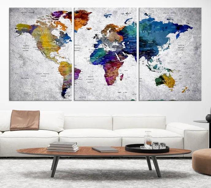 A World Map Art Canvas Print adorns the wall. This gallery-wrapped piece features a UV-protective coating for lasting vibrance.