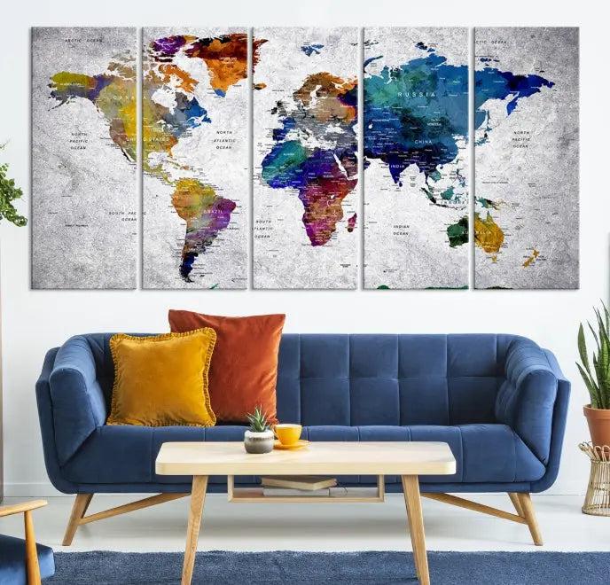 A World Map Art Canvas Print adorns the wall. This gallery-wrapped piece features a UV-protective coating for lasting vibrance.