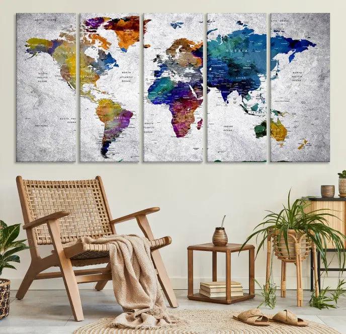 A World Map Art Canvas Print adorns the wall. This gallery-wrapped piece features a UV-protective coating for lasting vibrance.