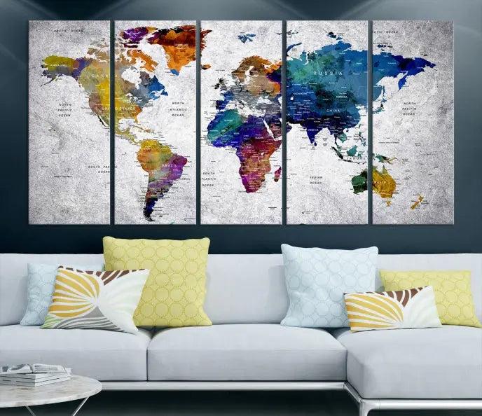 A World Map Art Canvas Print adorns the wall. This gallery-wrapped piece features a UV-protective coating for lasting vibrance.