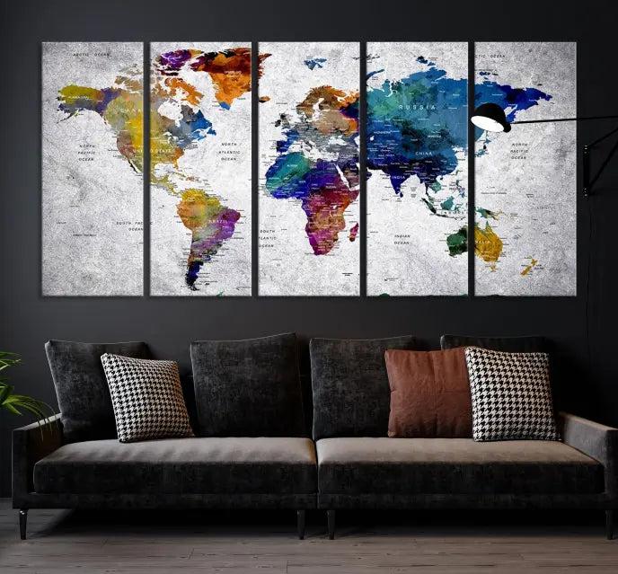 A World Map Art Canvas Print adorns the wall. This gallery-wrapped piece features a UV-protective coating for lasting vibrance.