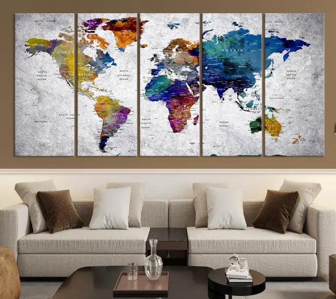 A World Map Art Canvas Print adorns the wall. This gallery-wrapped piece features a UV-protective coating for lasting vibrance.