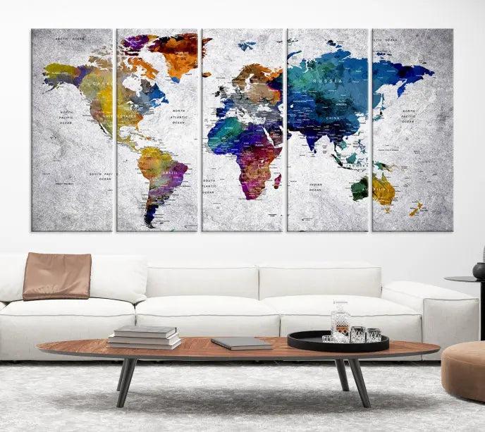 A World Map Art Canvas Print adorns the wall. This gallery-wrapped piece features a UV-protective coating for lasting vibrance.