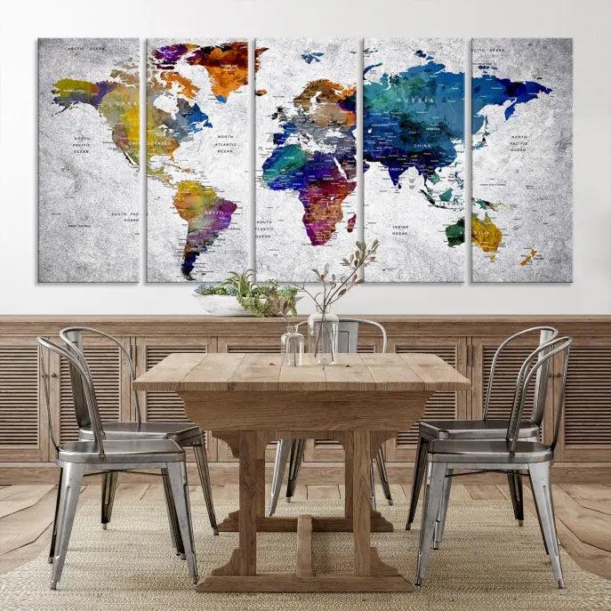 A World Map Art Canvas Print adorns the wall. This gallery-wrapped piece features a UV-protective coating for lasting vibrance.