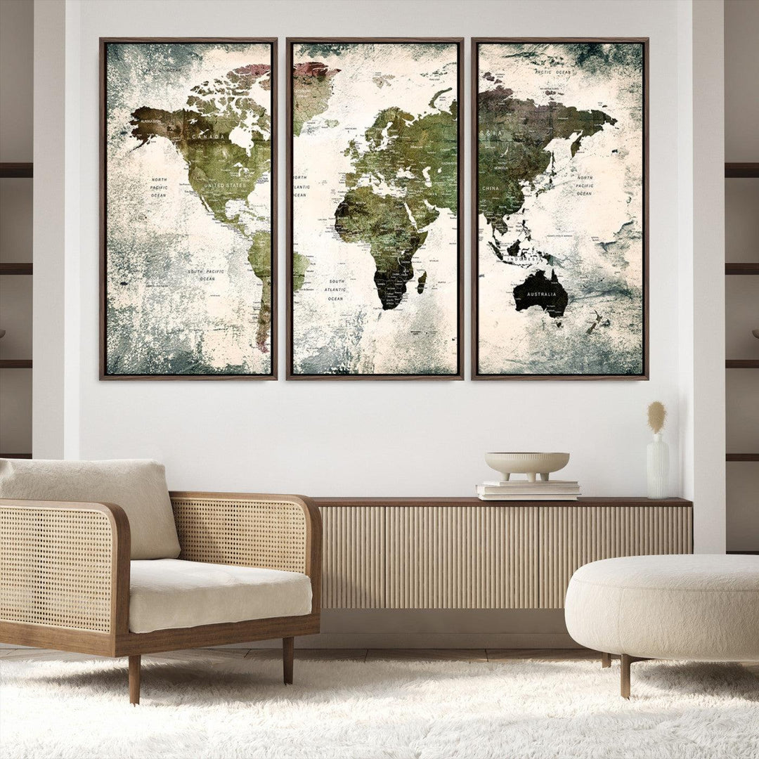14328-MGV-FC-48X32-3P_Walnut-World Map Canvas PRINT, World Map Canvas Art
