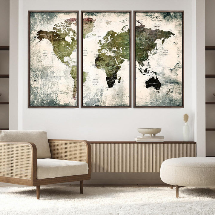 14328-MGV-FC-48X32-3P_Walnut-World Map Canvas PRINT, World Map Canvas Art