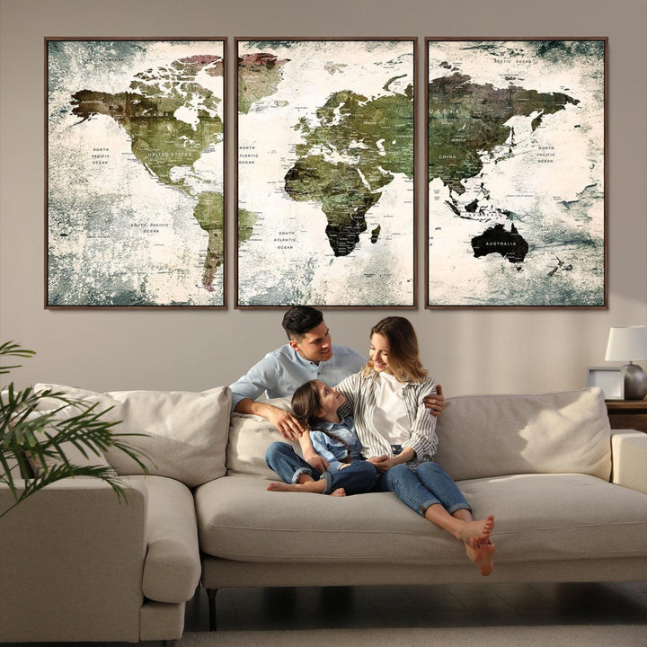 14328-MGV-FC-60X30-3P_Walnut-World Map Canvas PRINT, World Map Canvas Art