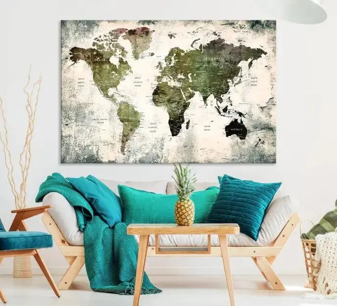 A three-panel World Map Canvas Print, exquisitely crafted on museum-quality material, is displayed above.