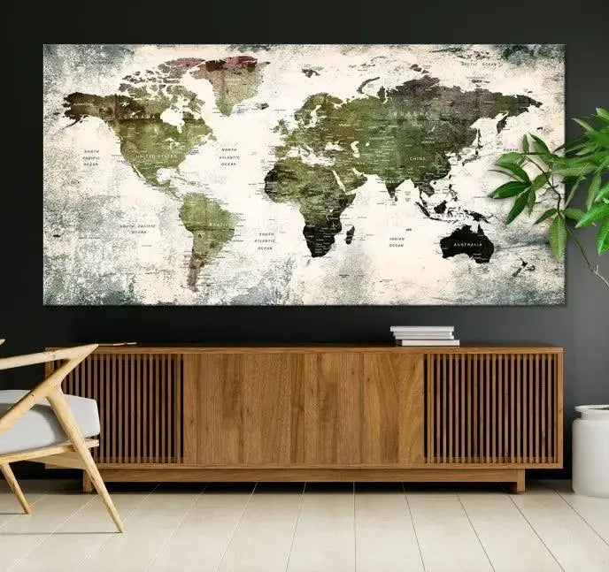 A three-panel World Map Canvas Print, exquisitely crafted on museum-quality material, is displayed above.