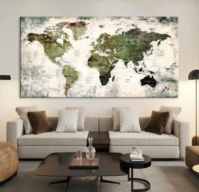 A three-panel World Map Canvas Print, exquisitely crafted on museum-quality material, is displayed above.