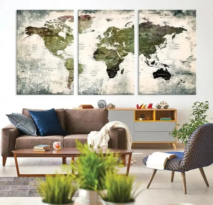 A three-panel World Map Canvas Print, exquisitely crafted on museum-quality material, is displayed above.