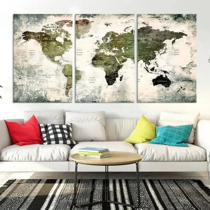 A three-panel World Map Canvas Print, exquisitely crafted on museum-quality material, is displayed above.