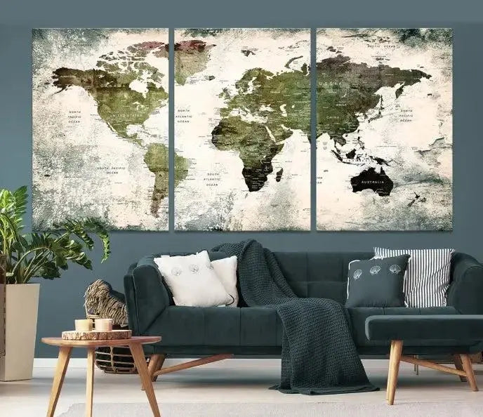 A three-panel World Map Canvas Print, exquisitely crafted on museum-quality material, is displayed above.