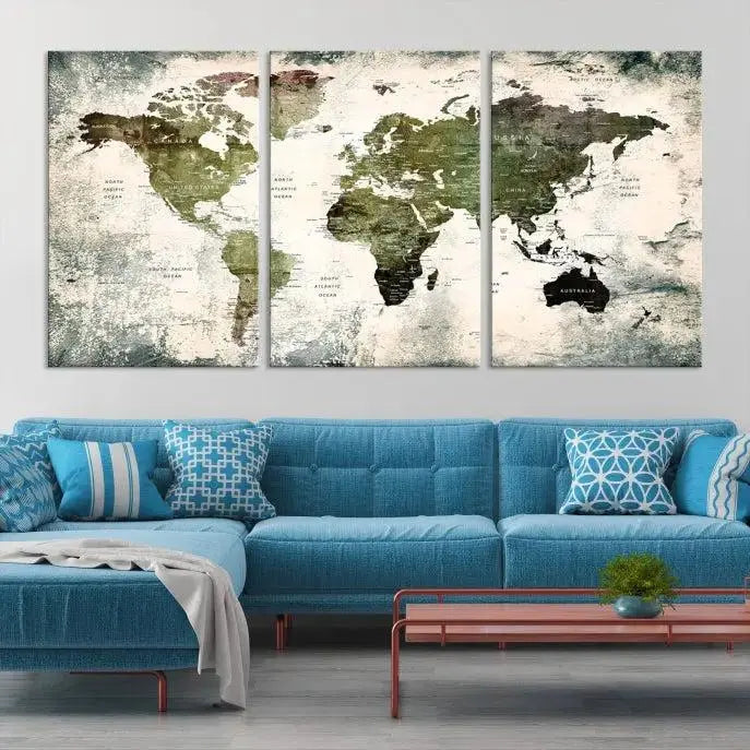 A three-panel World Map Canvas Print, exquisitely crafted on museum-quality material, is displayed above.