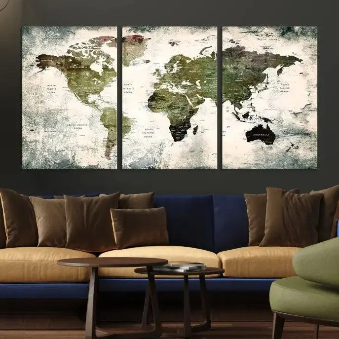 A three-panel World Map Canvas Print, exquisitely crafted on museum-quality material, is displayed above.