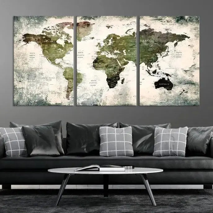 A three-panel World Map Canvas Print, exquisitely crafted on museum-quality material, is displayed above.