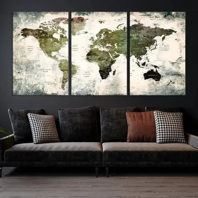 A three-panel World Map Canvas Print, exquisitely crafted on museum-quality material, is displayed above.