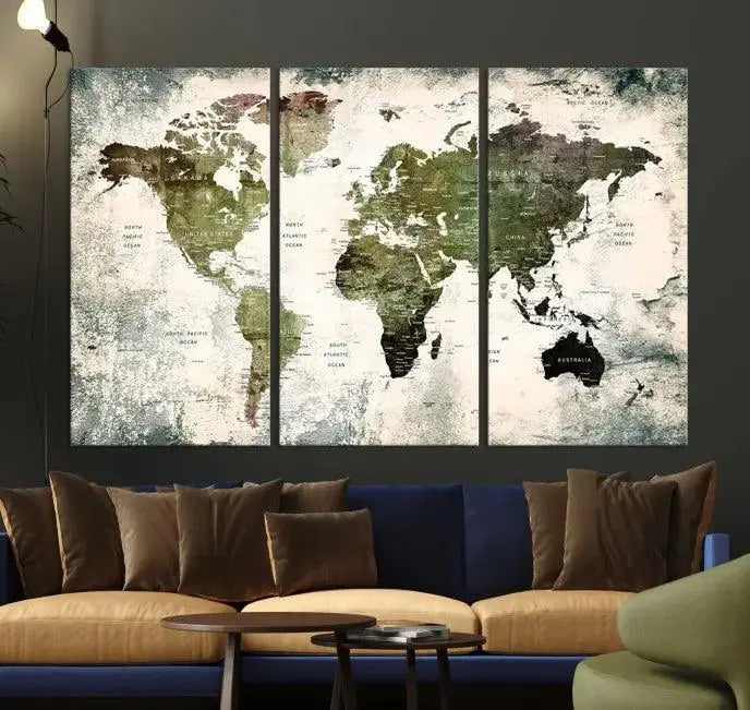 A three-panel World Map Canvas Print, exquisitely crafted on museum-quality material, is displayed above.